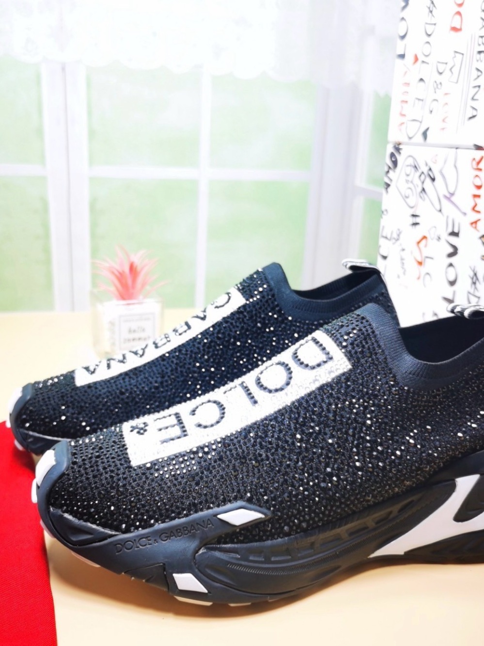 Dolce & Gabbana Black Crystal Slip-On Sneakers